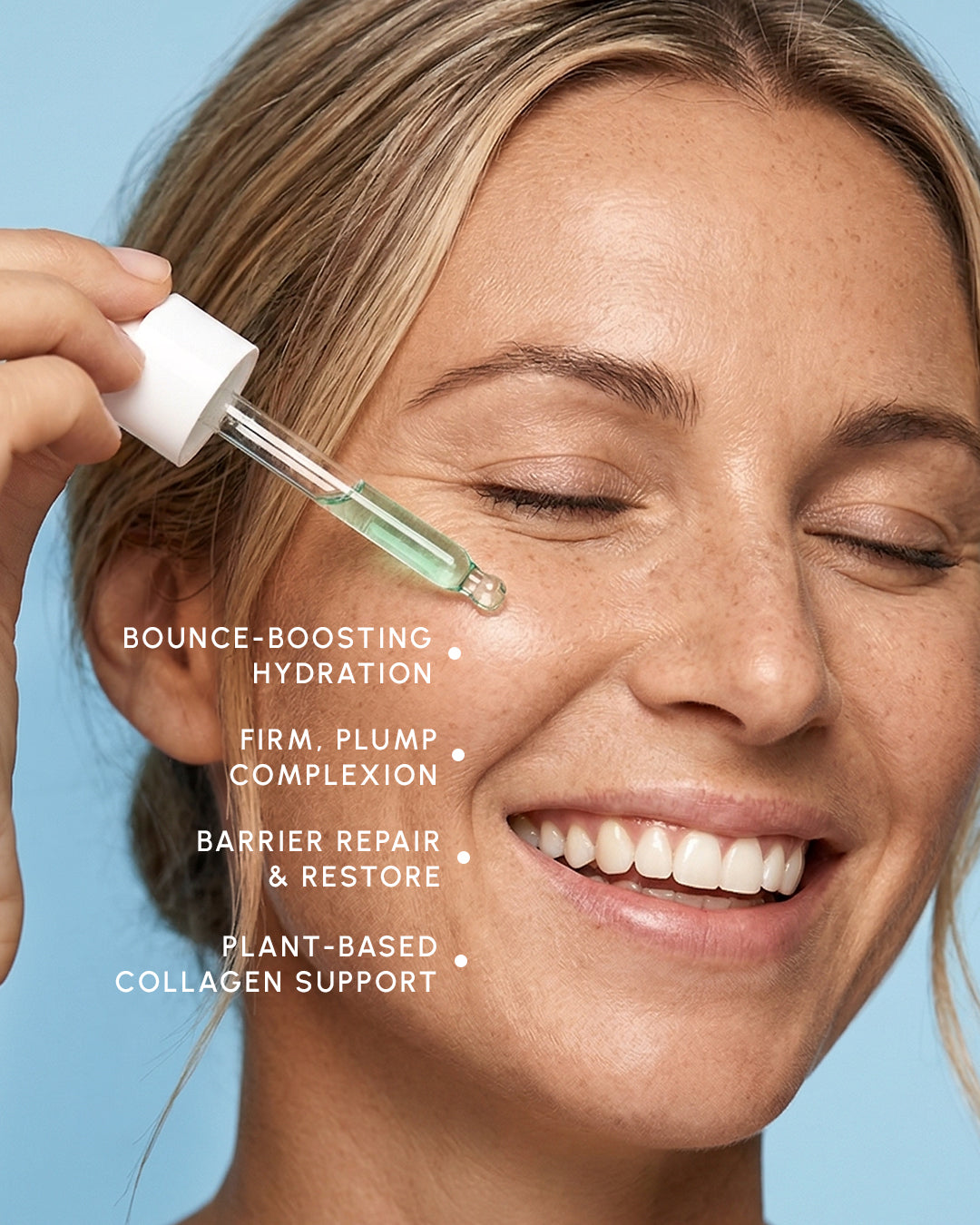 Woman applying a dropper of skincare product to her face with a blue background and text highlighting product benefits.