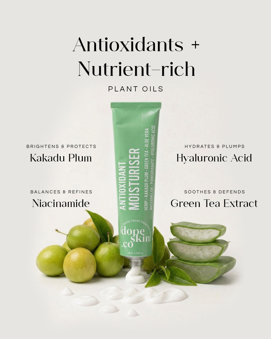 Dope Skin Co. antioxidant moisturizer with ingredients like Kakadu Plum, Hyaluronic Acid, and Green Tea Extract on a light background.