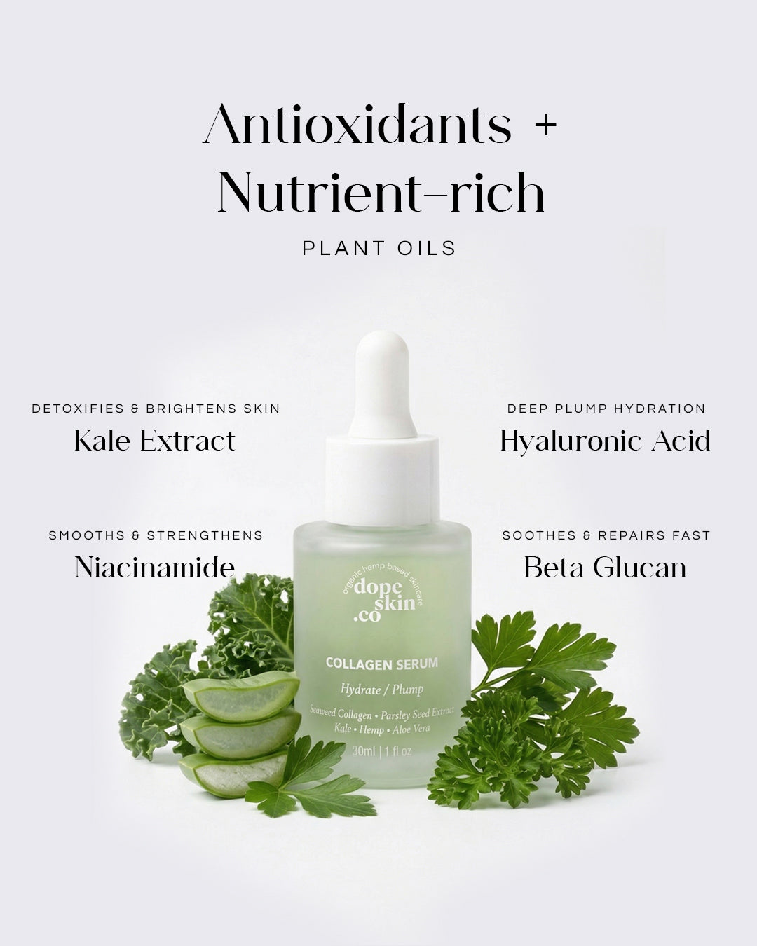 Collagen spray bottle with green leaves and text highlighting ingredients on a white background