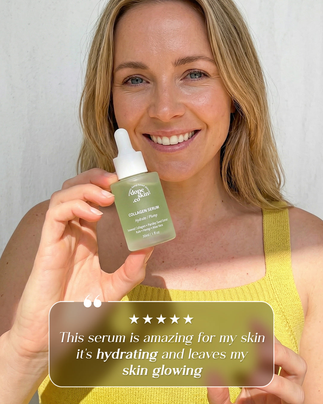 Woman holding a skincare serum with a five-star rating text overlay on a plain background